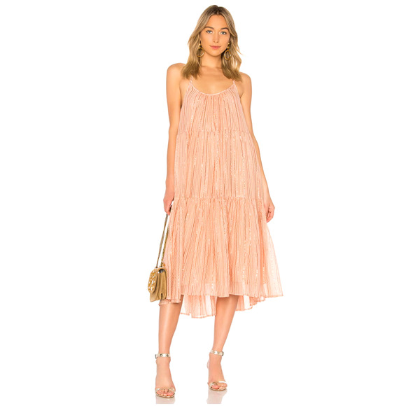 Ulla Johnson S Samara Cotton Low Back Tent Midi Dress Metallic Stripe Peach Pink - Picture 3 of 10
